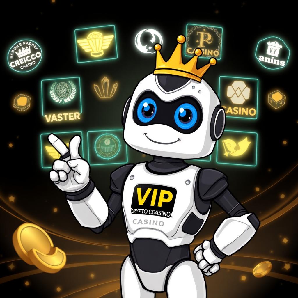 VIP Crypto Casino mascot pointing at a leaderboard of casino logos