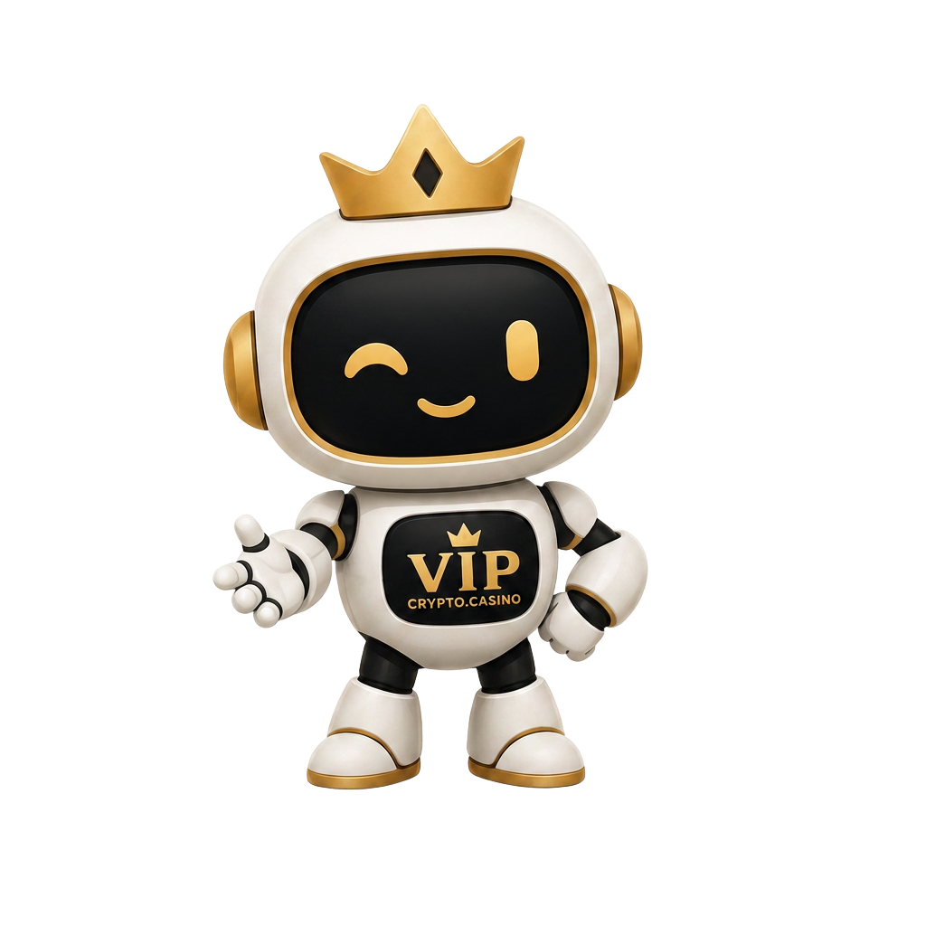 VIP Crypto Casino mascot in a golden handshake pose welcoming players to sister site Online Crypto Casinos
