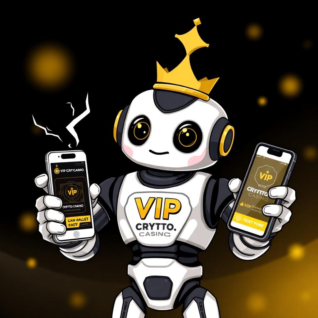 VIP Crypto Casino mascot with a phone showing an instant crypto withdrawal