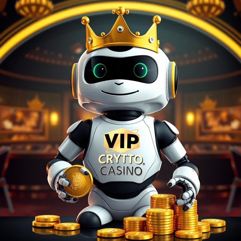 VIP Crypto Casino mascot with gold Bitcoin coins in a luxury casino lounge