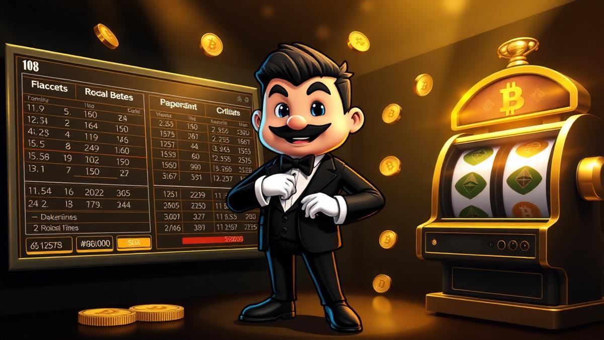 VIP Crypto Casino mascot between a sports odds board and a golden slot machine with Bitcoin and Ethereum coins