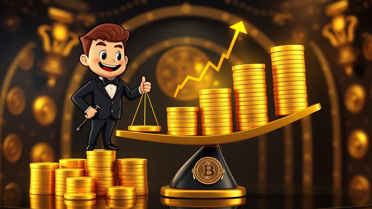 VIP Crypto Casino mascot weighing stacks of gold Bitcoin coins on a scale beside a rising chart