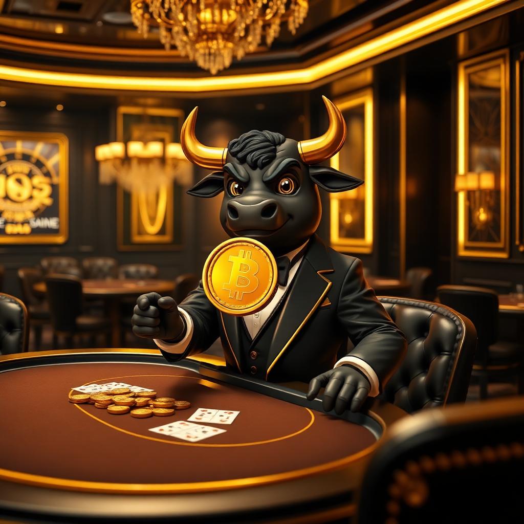 VIP Crypto Casino mascot in a gold tuxedo holding a Bitcoin coin at a Betplay.io high-roller table