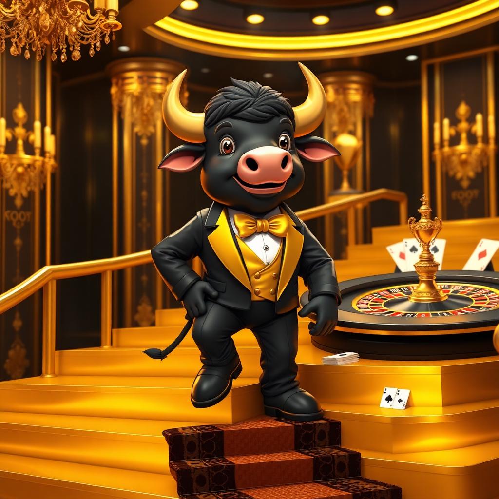 VIP Crypto Casino mascot climbing golden VIP tier steps with a trophy beside a roulette wheel