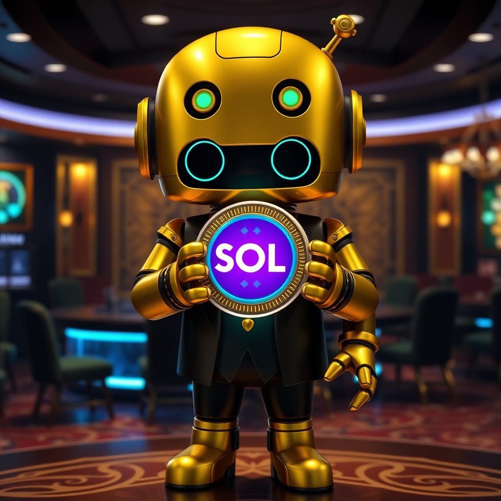 VIP Crypto Casino mascot in a gold tuxedo holding a Solana SOL coin in a luxury casino lounge
