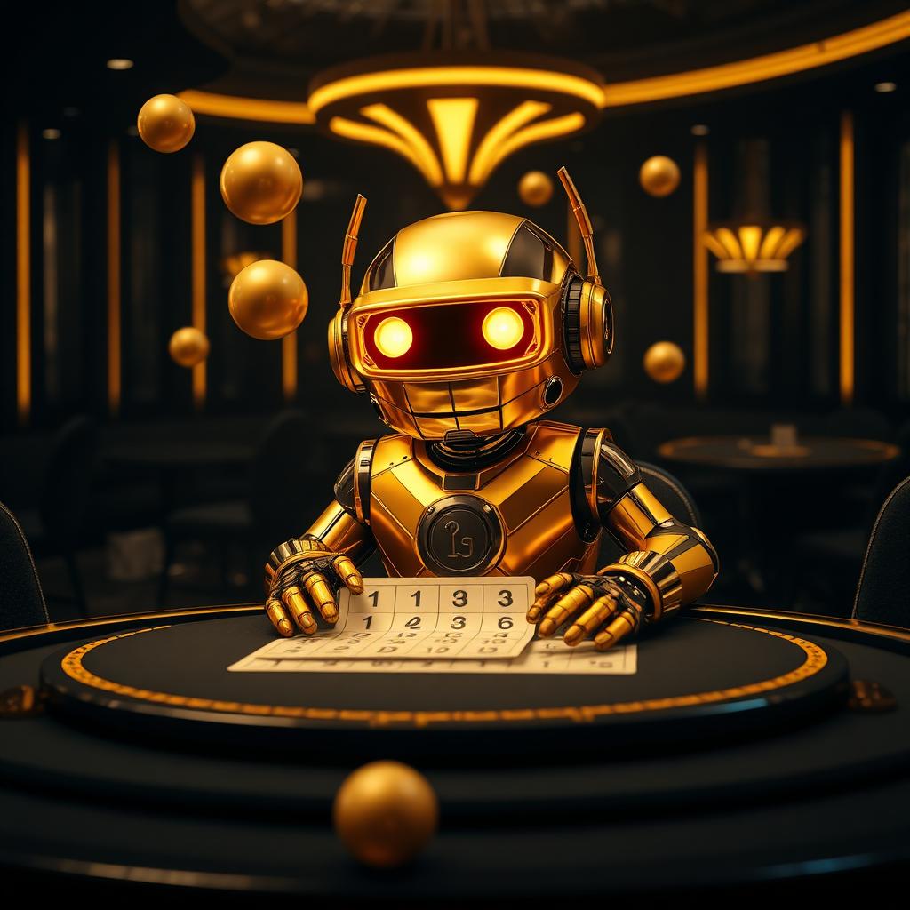 VIP Crypto Casino golden robot mascot playing keno online with glowing keno balls in a luxury black and gold casino lounge