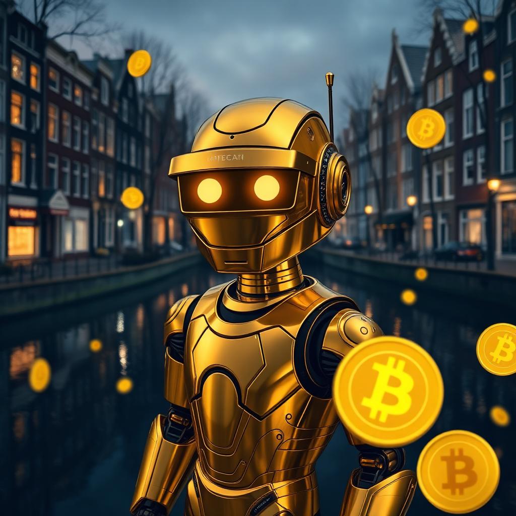 VIP Crypto Casino golden robot mascot beside an Amsterdam canal at night surrounded by gold Bitcoin coins