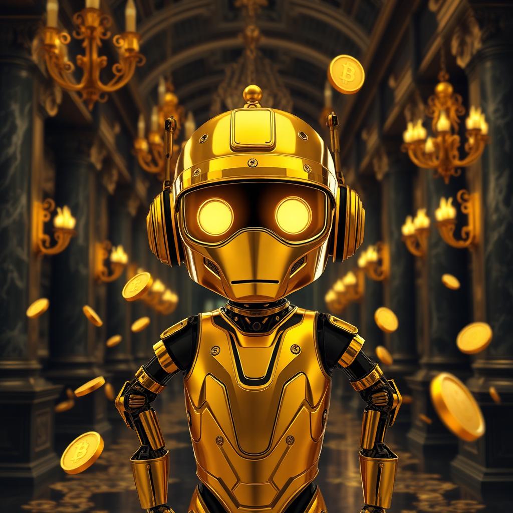 VIP Crypto Casino golden robot mascot in an opulent Italian palazzo casino hall with gold chandeliers and crypto coins