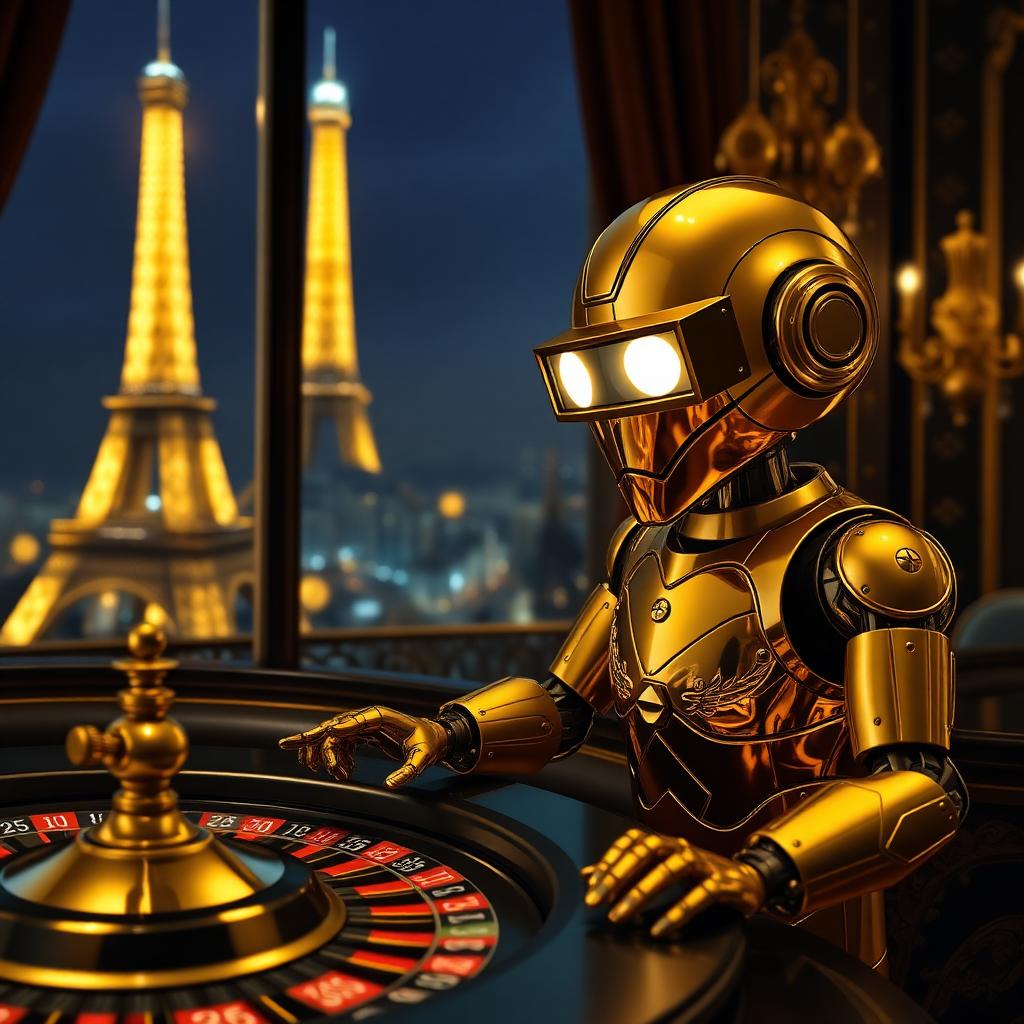VIP Crypto Casino golden robot mascot at a Parisian roulette table with the Eiffel Tower lit at night