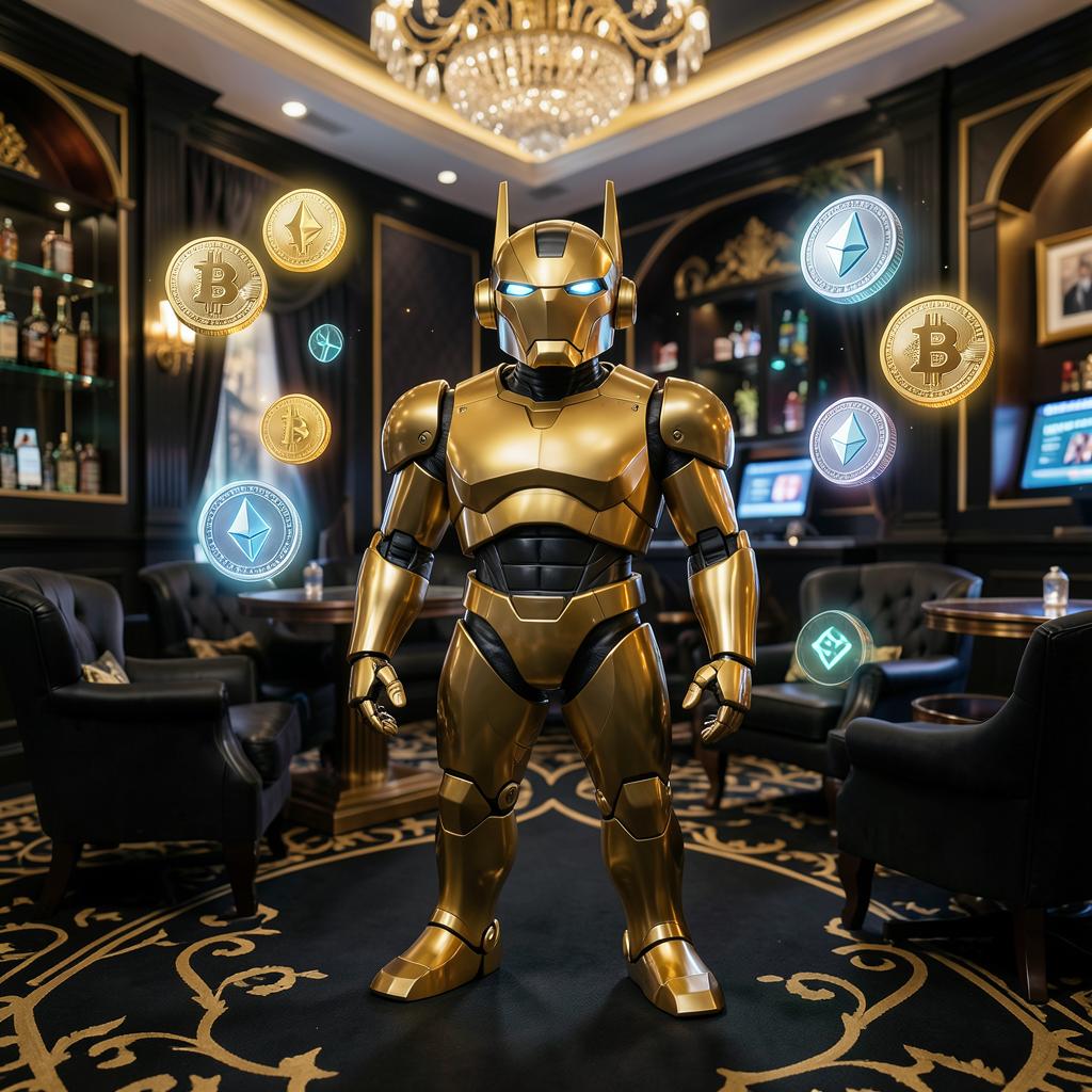 VIP Crypto Casino golden robot mascot surrounded by glowing Bitcoin, Ethereum and Solana coins in a luxury casino lounge
