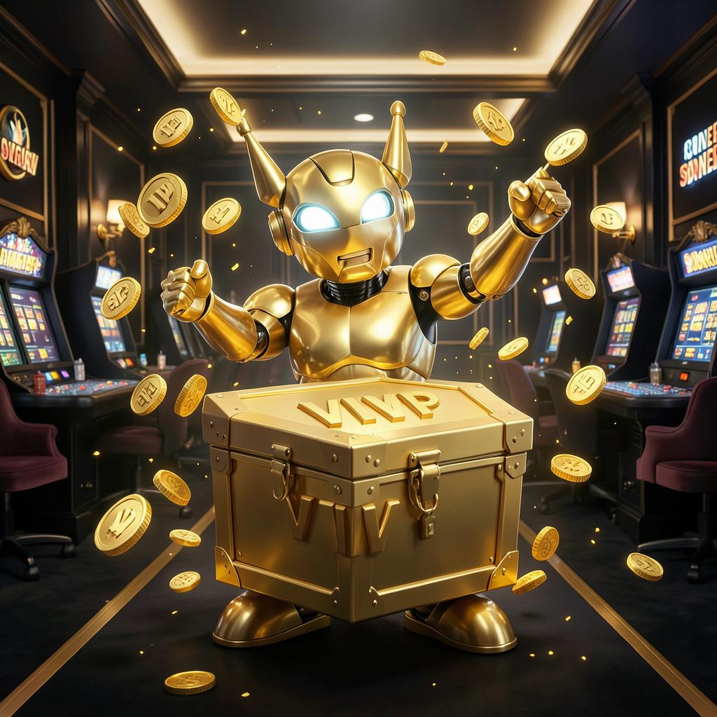 VIP Crypto Casino golden robot mascot celebrating beside a giant gold VIP reward chest with coins flying