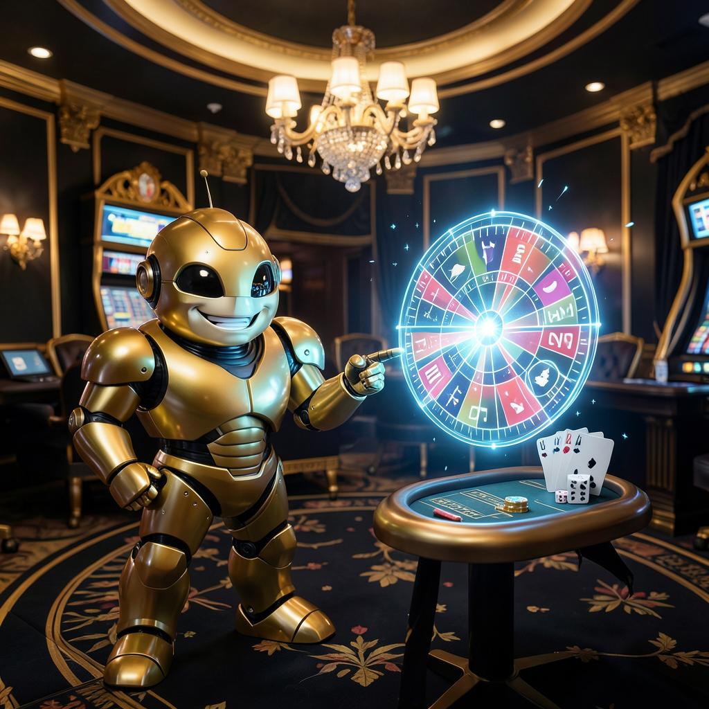 VIP Crypto Casino golden robot mascot pointing at a glowing blockchain hologram with roulette wheel, cards and dice