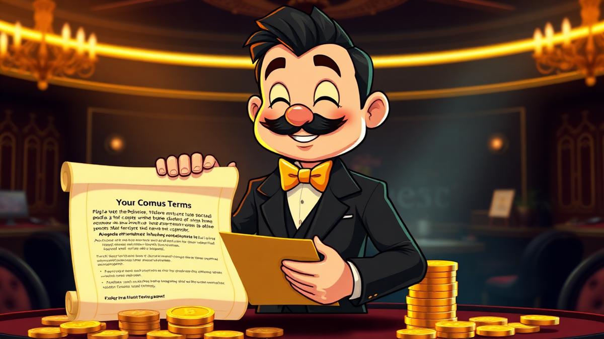 VIP Crypto Casino mascot in a tuxedo reading a golden crypto casino bonus terms scroll beside stacks of Bitcoin coins