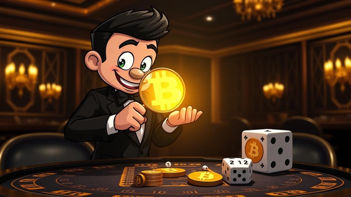 VIP Crypto Casino mascot inspecting a glowing golden cryptographic hash beside provably fair dice and Bitcoin coins
