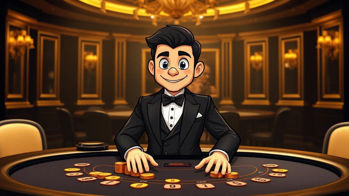 VIP Crypto Casino mascot in a tuxedo dealing at a live blackjack table with gold chips and Bitcoin coins