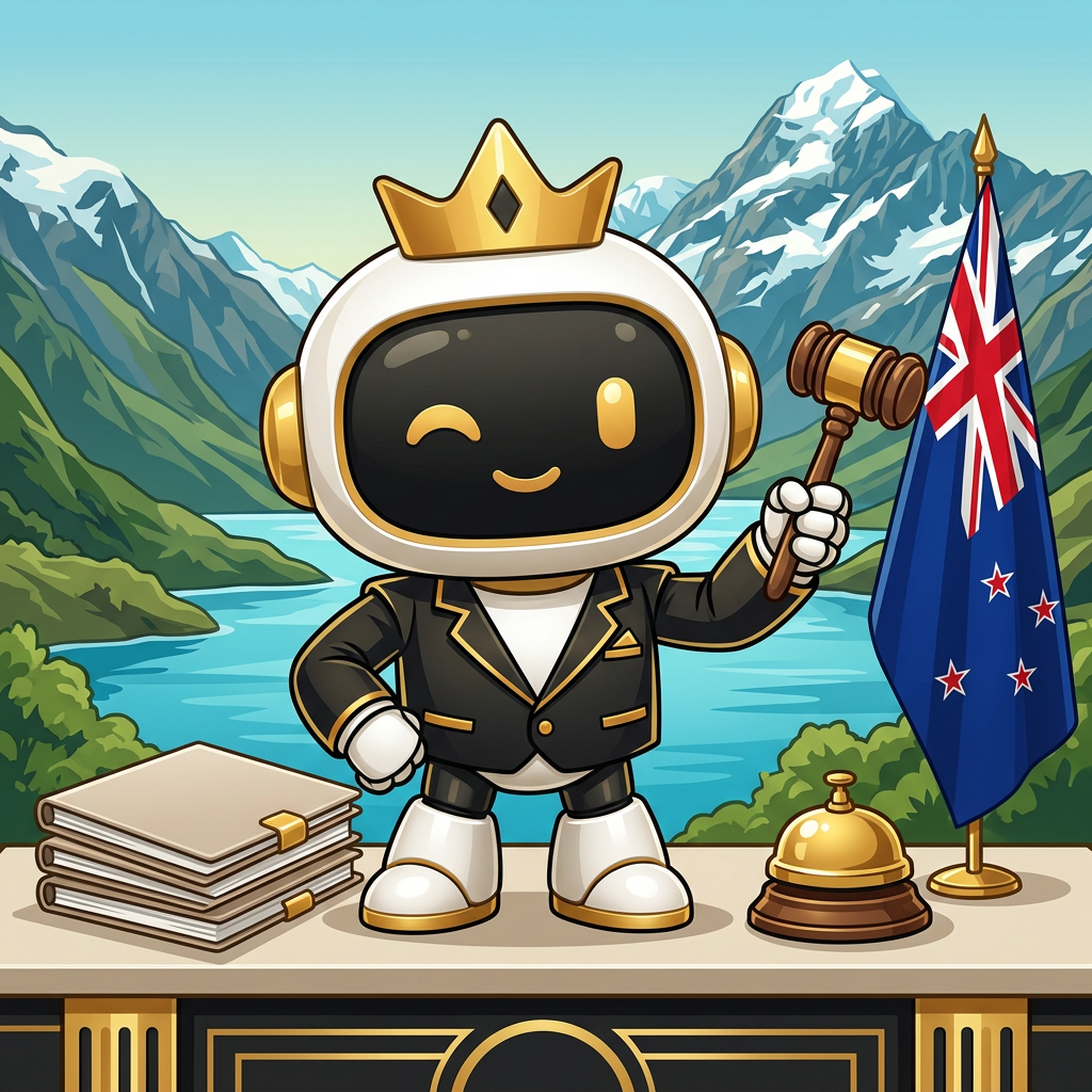 Golden robot mascot holding an auction gavel beside application folders and a New Zealand flag, an editorial illustration rather than a real licensing event