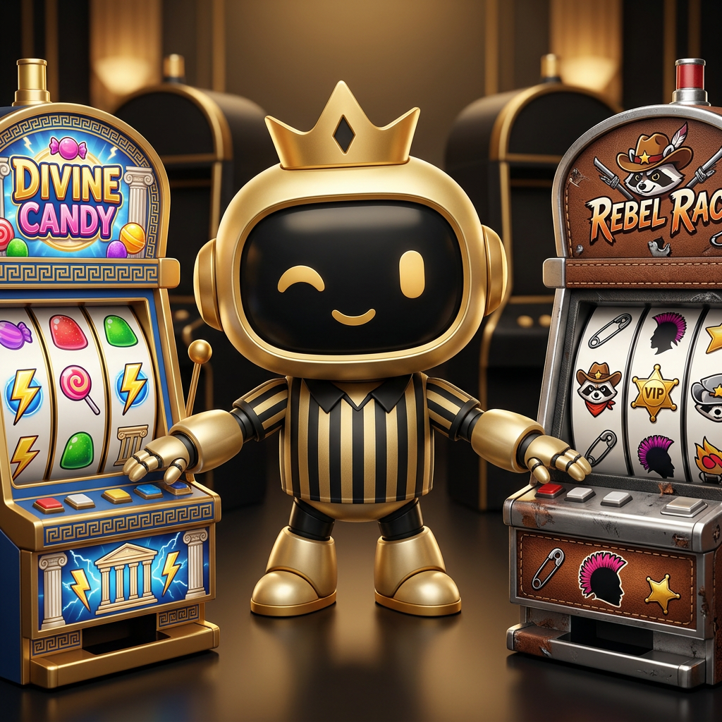 Golden VIP Crypto Casino robot mascot refereeing a playful showdown between candy-themed and western-themed slot machines