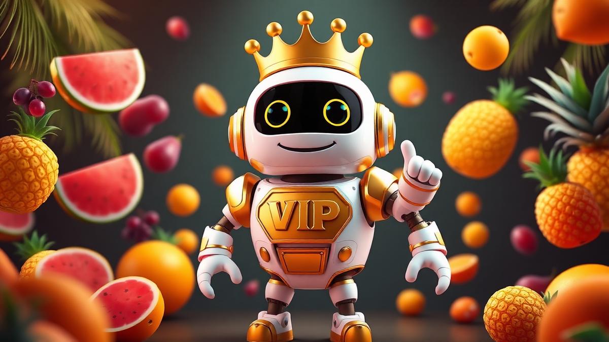 Fruit Party slot artwork with VIP Crypto Casino mascot